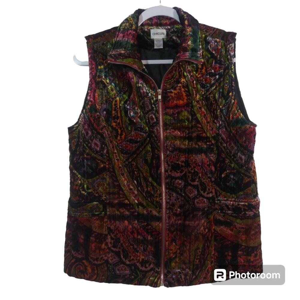 Chicos Velvet Silk Blend Paisley Full Zip Quilted Sleeveless Multi Vest Size M